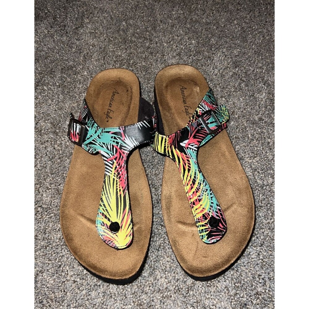American Eagle Cork Footbed Sandals Thong Tropical Fern Palm Tree Women's Sz 9